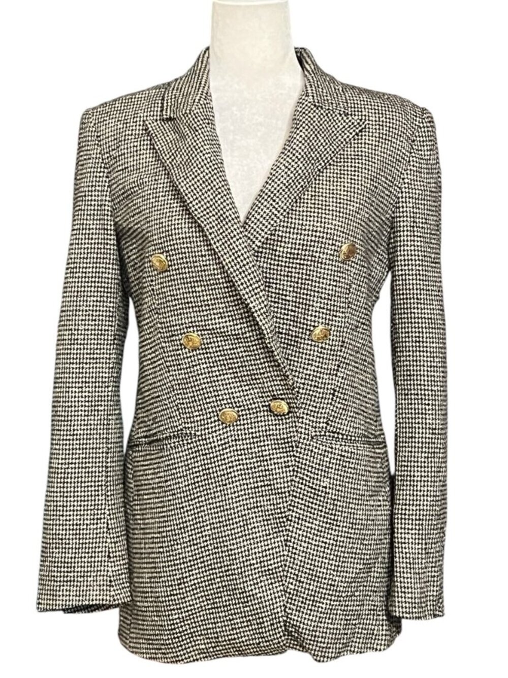 ZARA Houndstooth Blazer Womens Small Double Breasted Gold Button Tailored Tweed - Picture 2 of 15